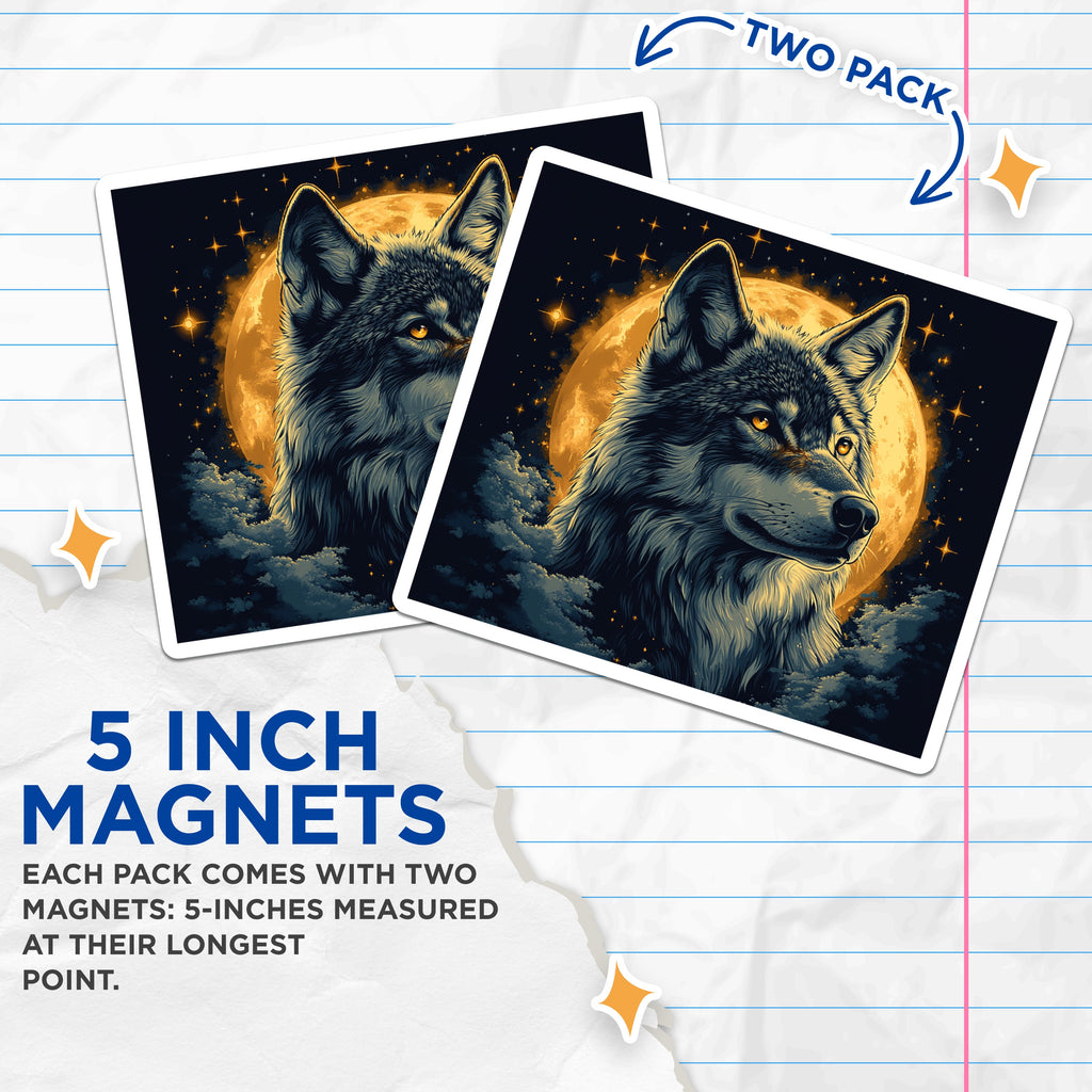 (2 Pack) Mystical Wolf Moon Magnets - Spirit Animal Decor - Celestial Wildlife Fridge Accent - 5 Inches On Longest Side - Thick Durable Magnet - Made in USA - MAG37873