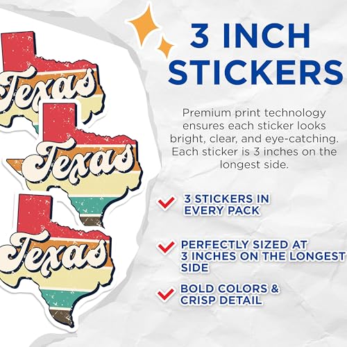 (3 Pack) Texas Decals - Retro State Pride - Laptop Decals - 3 Inches On Longest Side - Easy Peel & Apply - Made in USA - 3MCS4460