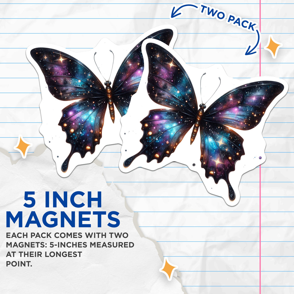(2 Pack) Galaxy Butterfly Magnets - Celestial Fridge Decor - Starry Aesthetic Locker Magnet - 5 Inches On Longest Side - Thick Durable Magnet - Made in USA - MAG37887