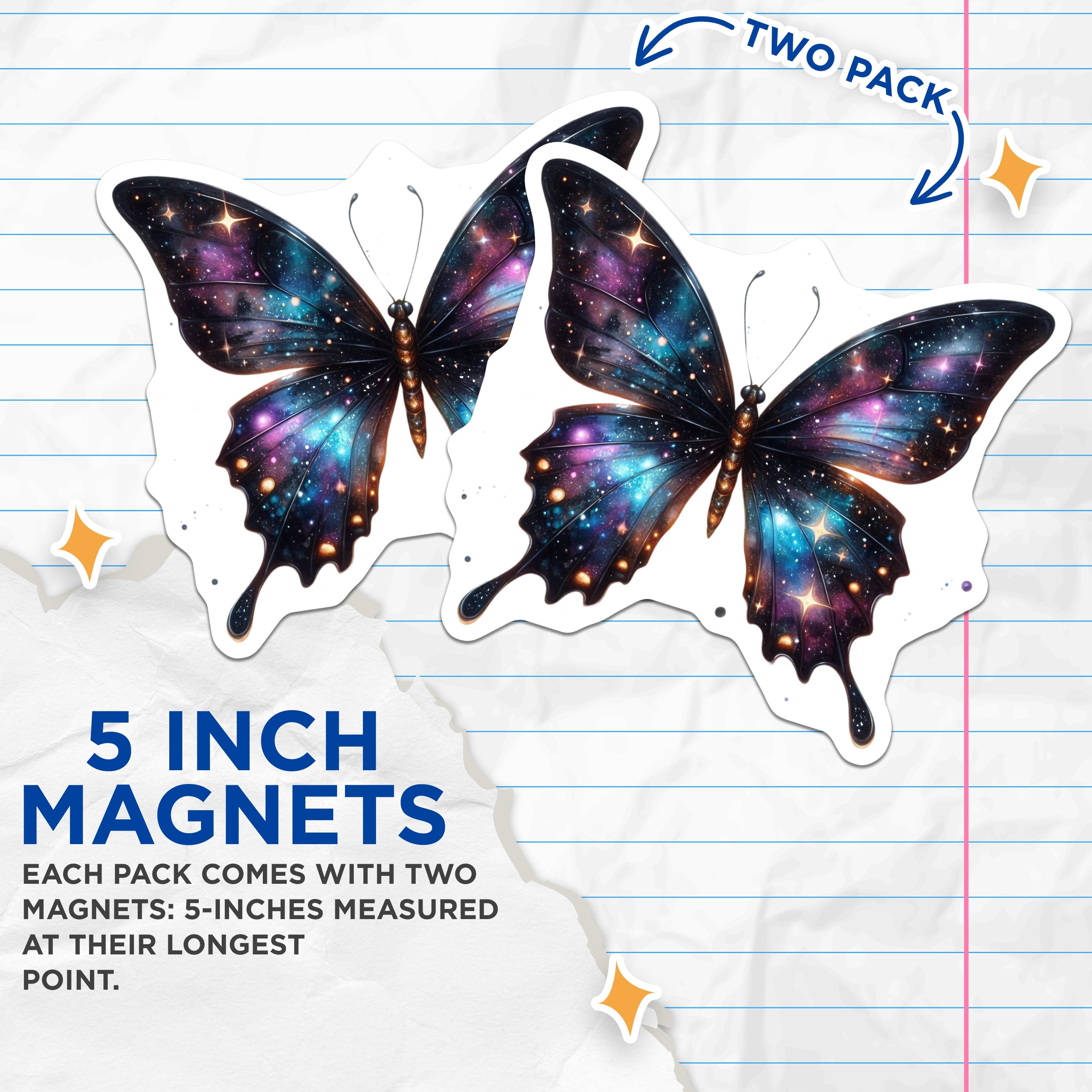 (2 Pack) Galaxy Butterfly Magnets - Celestial Fridge Decor - Starry Aesthetic Locker Magnet - 5 Inches On Longest Side - Thick Durable Magnet - Made in USA - MAG37887