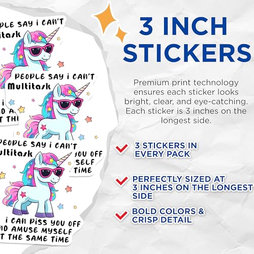 (3 Pack) Funny Unicorn Decals - Multitask Humor - Sarcastic Laptop Decals - 3 Inches On Longest Side - Easy Peel & Apply - Made in USA - 3MCS6577
