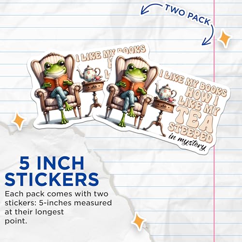 (2 Pack) Frog Reading Stickers - Book Lover - Reading Tea - Literary - Cozy - 5" On Longest Side - Sticks to Smooth Flat Surfaces - Made in USA - BMCS8311