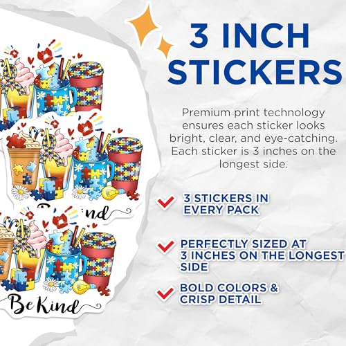 (3 Pack) Autism Awareness Decals - Be Kind - Coffee Decals - 3 Inches On Longest Side - Easy Peel & Apply - Made in USA - 3MCS4739