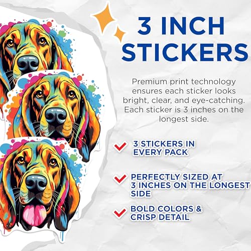 (3 Pack) Colorful Bloodhound Decals - Dog Laptop Stickers - Animal Art Decals - 3 Inches On Longest Side - Easy Peel & Apply - Made in USA - 3MCS0654