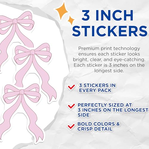 (3 Pack) Pink Bow Decals - Cute Bows Decal - Girly Laptop Decals - 3 Inches On Longest Side - Easy Peel & Apply - Made in USA - 3MCS6012