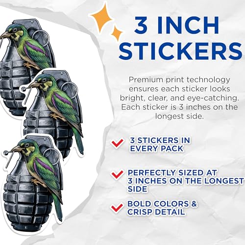 (3 Pack) Bird on Grenade Decals - Colorful Bird Art - Unique Laptop Decals - 3 Inches On Longest Side - Easy Peel & Apply - Made in USA - 3MCS0963