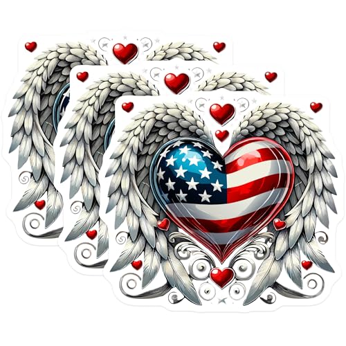 (3 Pack) American Heart Decals - Winged Heart Decal - Patriotic Decal - 3 Inches On Longest Side - Easy Peel & Apply - Made in USA - 3MCS8724