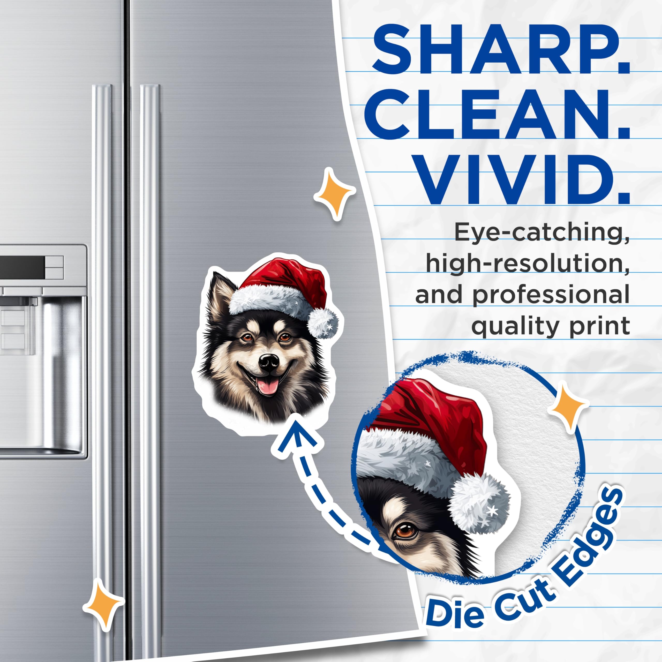 (2 Pack) Christmas Dog Magnets - Smiling Husky Malamute Lover - Santa Hat Pet Fridge Decor - 5 Inches On Longest Side - Thick Durable Magnet - Made in USA - MAG27817