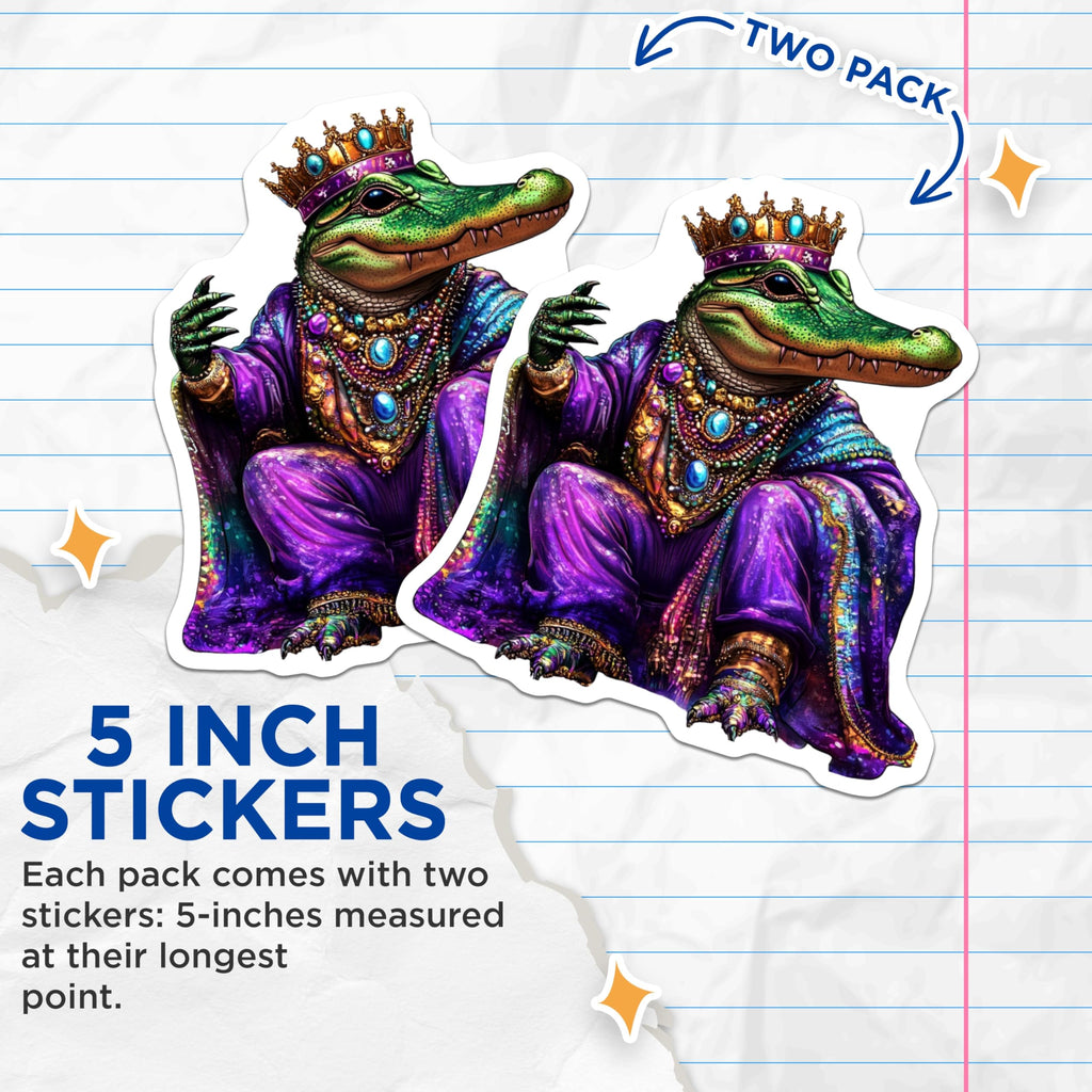 (2 Pack) Alligator King Stickers - Mardi Gras Decor - Louisiana Mascot - 5" On Longest Side - Sticks to Smooth Flat Surfaces - Made in USA - BMCS14296