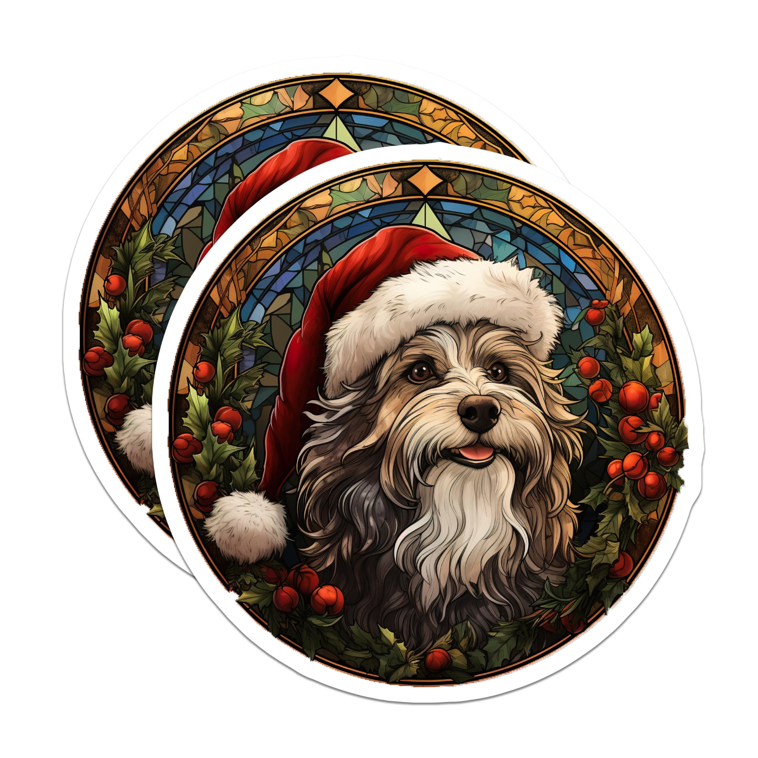 (2 Pack) Festive Christmas Dog Magnets - Santa Hat Dog Art - Stained Glass Style Decor - Holiday Refrigerator Display - 5 Inches On Longest Side - Thick Durable Magnet - Made in USA - MAG27429