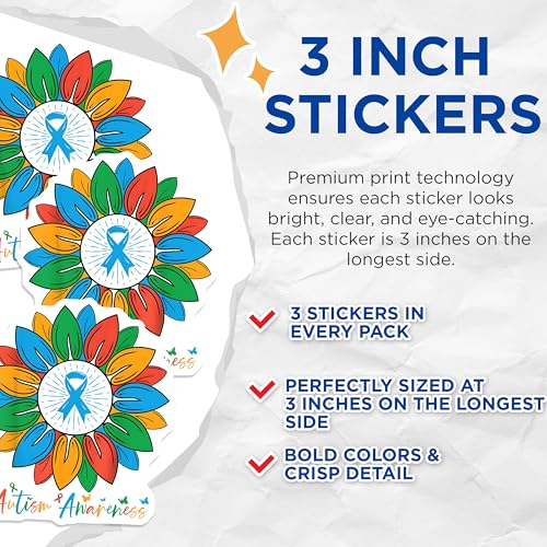 (3 Pack) Autism Awareness Decals - Colorful Sunflower Ribbon - Laptop Decal - 3 Inches On Longest Side - Easy Peel & Apply - Made in USA - 3MCS2349