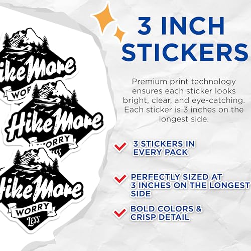 (3 Pack) Hike More Worry Less Decals - Mountain Adventure Stickers - Nature Lover Decals - 3 Inches On Longest Side - Easy Peel & Apply - Made in USA - 3MCS4909
