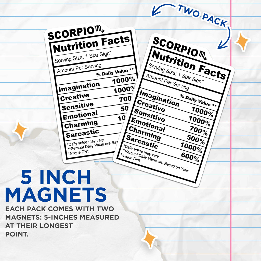(2 Pack) Scorpio Zodiac Magnets - Astrology Sign - Nutrition Facts Labels Magnets - 5" On Longest Side - Premium Magnet - for Cars, Refrigerators, Toolboxes, Lockers - Made in USA - MAG14060