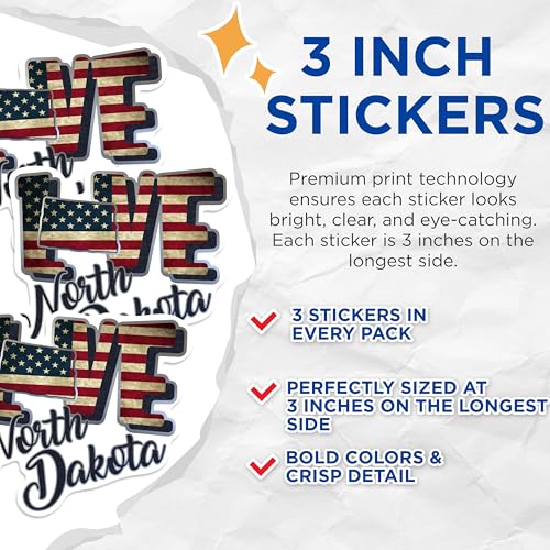 (3 Pack) North Dakota Love Decals - American Flag ND - Laptop Decals - 3 Inches On Longest Side - Easy Peel & Apply - Made in USA - 3MCS0324