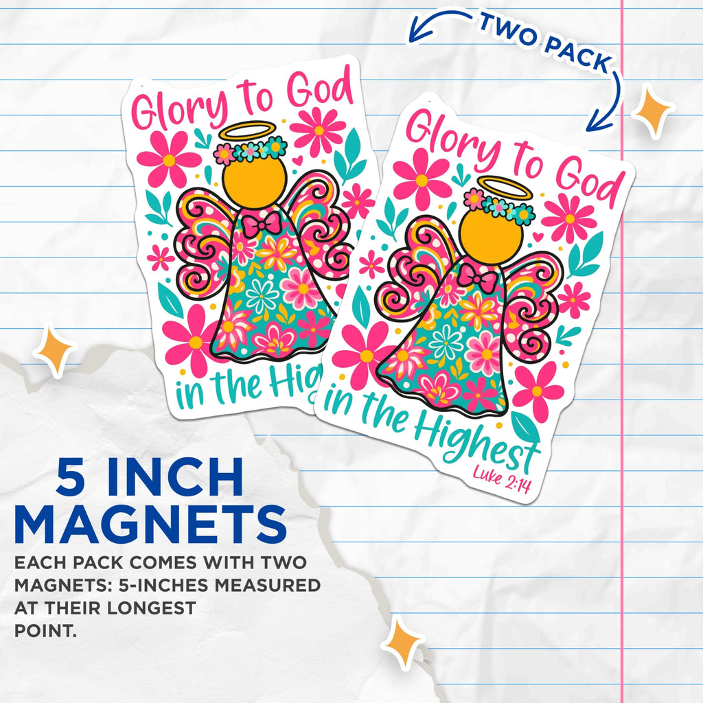 (2 Pack) Glory to God Magnets - Angel Art Religious Decor - Luke 2 14 Bible Verse Faith Inspiration - 5 Inches On Longest Side - Thick Durable Magnet - Made in USA - MAG25816