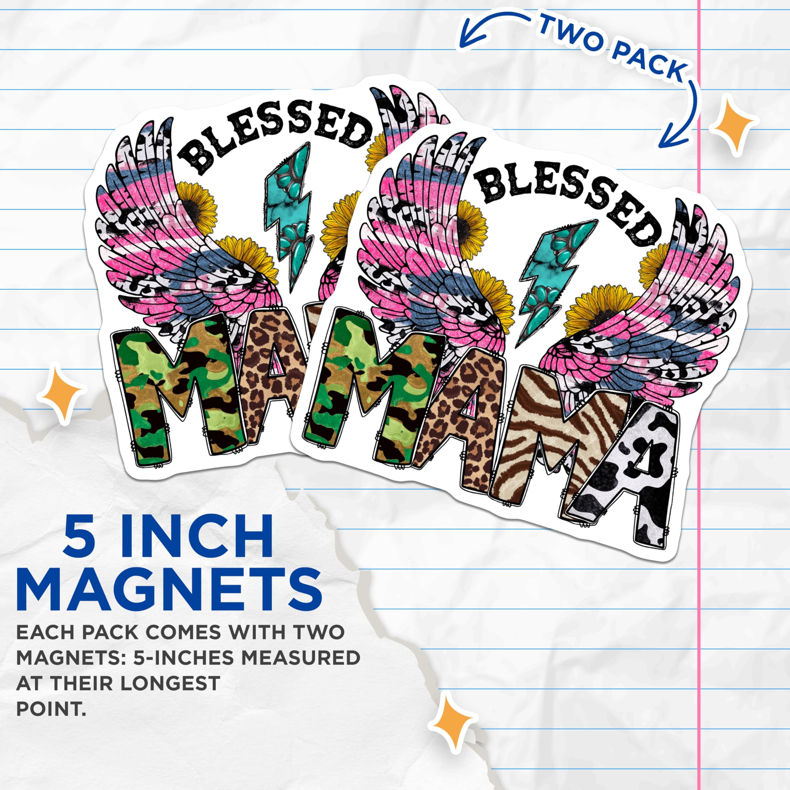 (2 Pack) Blessed Mama Magnets - Country Boho Southern Style - Animal Print Patriotic Design - 5 Inches On Longest Side - Thick Durable Magnet - Made in USA - MAG25794