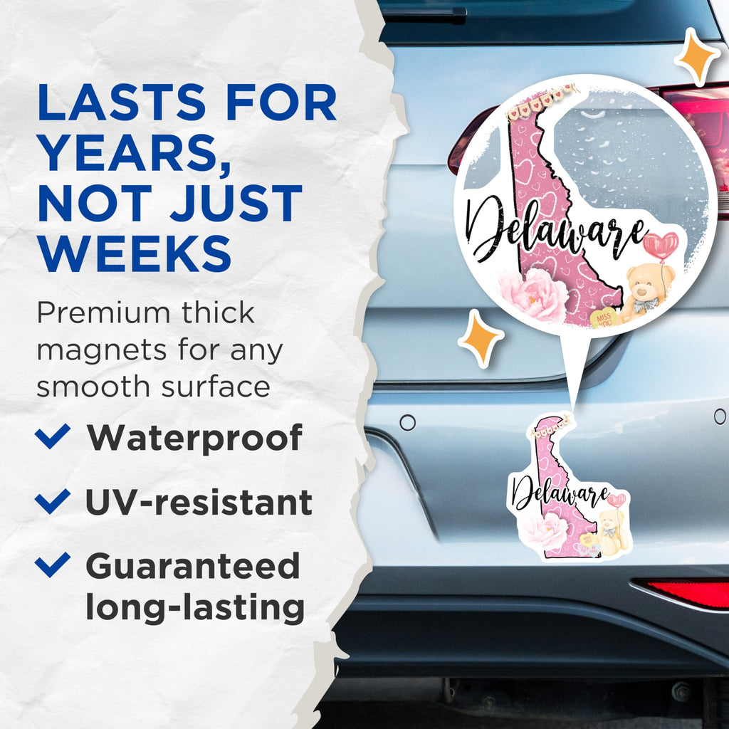 (2 Pack) Delaware State Magnets - Teddy Bear Candy Hearts - Pink Heart Magnets - 5" On Longest Side - Premium Magnet - for Cars, Refrigerators, Toolboxes, Lockers - Made in USA - MAG18604