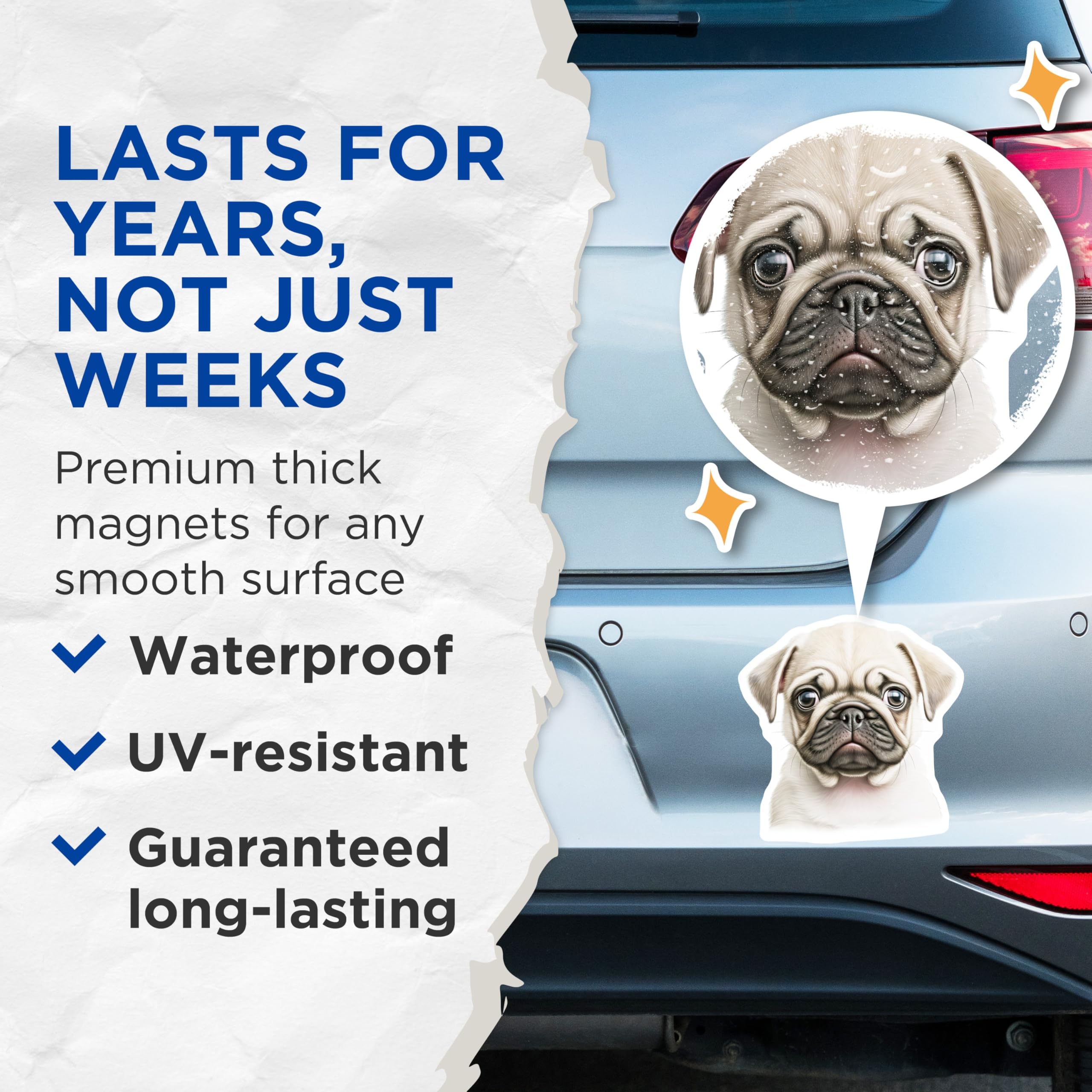 (2 Pack) Cute Pug Puppy Magnets - Dog Lover Decor - Pet Parent Refrigerator Art - 5 Inches On Longest Side - Thick Durable Magnet - Made in USA - MAG27439
