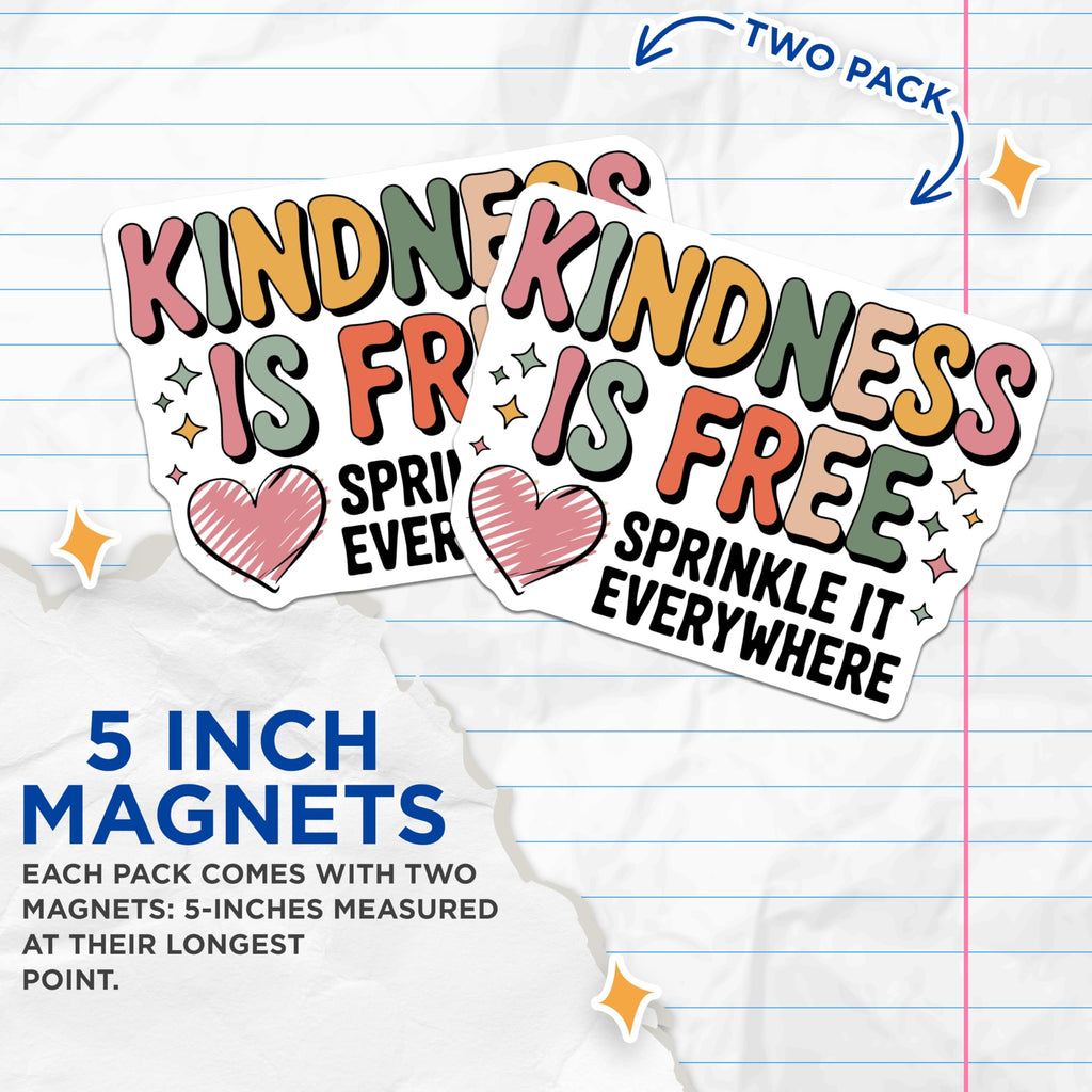 (2 Pack) Kindness is Free Magnets - Motivational Affirmation Decor - Groovy Pastel Fridge Accessory - Positive Quote Art - 5 Inches On Longest Side - Thick Durable Magnet - Made in USA - MAG20175