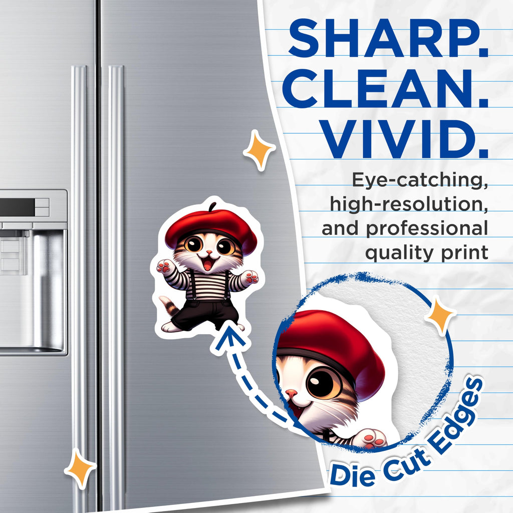 (2 Pack) French Cat Magnets - Charming Beret Kitty Refrigerator Accent - Striped Shirt Animal Art Collectible - 5 Inches On Longest Side - Thick Durable Magnet - Made in USA - MAG22056