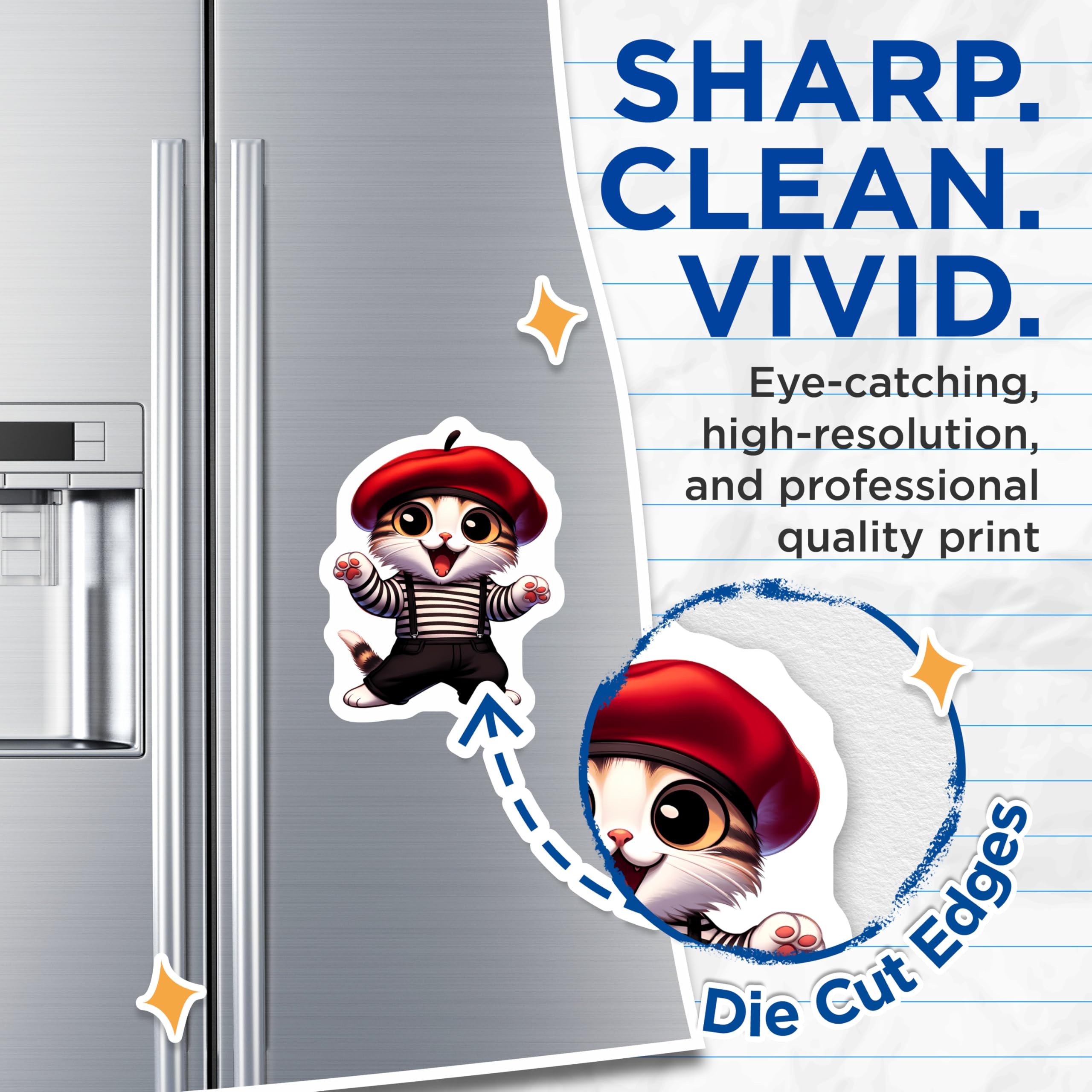 (2 Pack) French Cat Magnets - Charming Beret Kitty Refrigerator Accent - Striped Shirt Animal Art Collectible - 5 Inches On Longest Side - Thick Durable Magnet - Made in USA - MAG22056