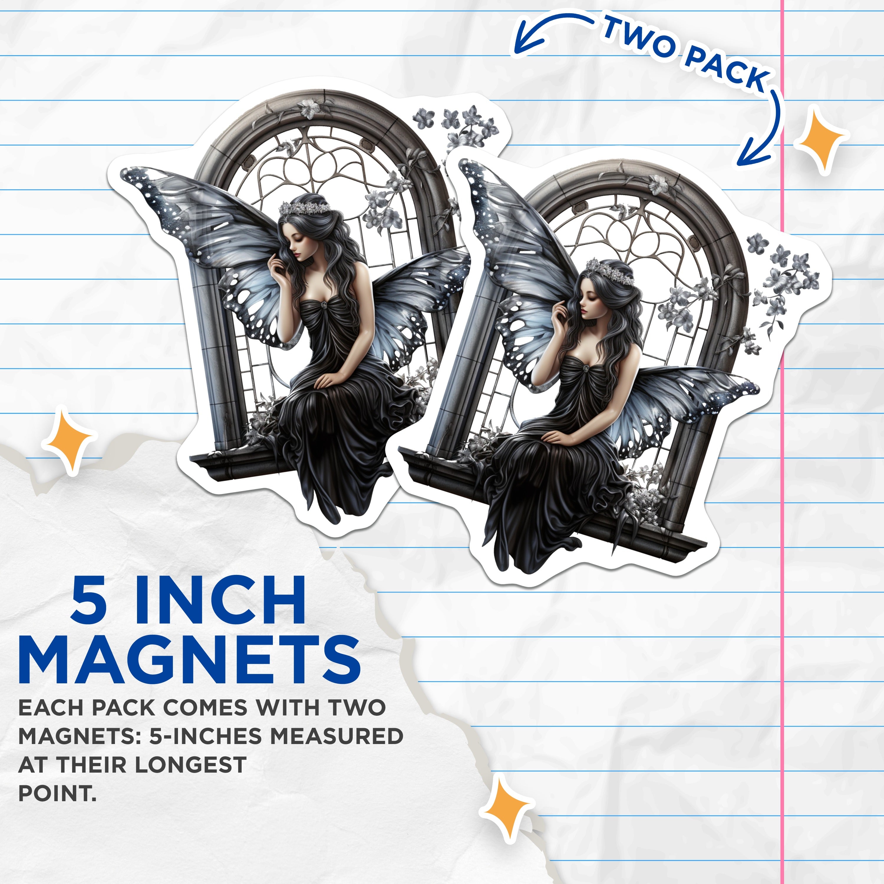 (2 Pack) Dark Fairy Magnets - Gothic Fantasy Art Decor - Mystical Butterfly Fairy Window Scene - Ethereal Witchy Home Accent - 5 Inches On Longest Side - Thick Durable Magnet - Made in USA - MAG39627