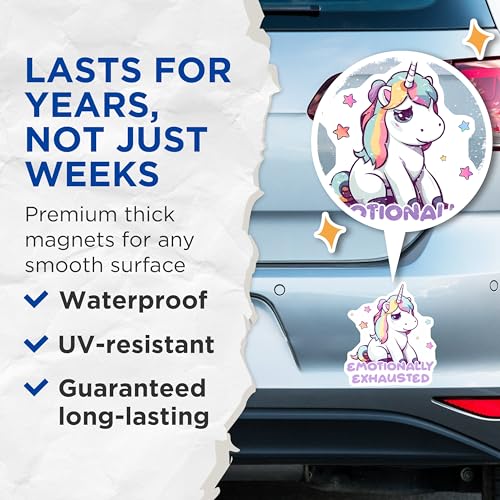 (2 Pack) Unicorn Emotionally Exhausted Magnets - 5" On Longest Side - for Cars, Fridges, Toolboxes - Made in USA - MAG7804