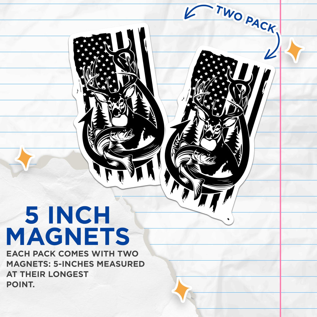 (2 Pack) American Flag Hunting Magnets - Distressed US Flag Deer Bass - Outdoorsman Fishing Angler Art - 5 Inches On Longest Side - Thick Durable Magnet - Made in USA - MAG19932