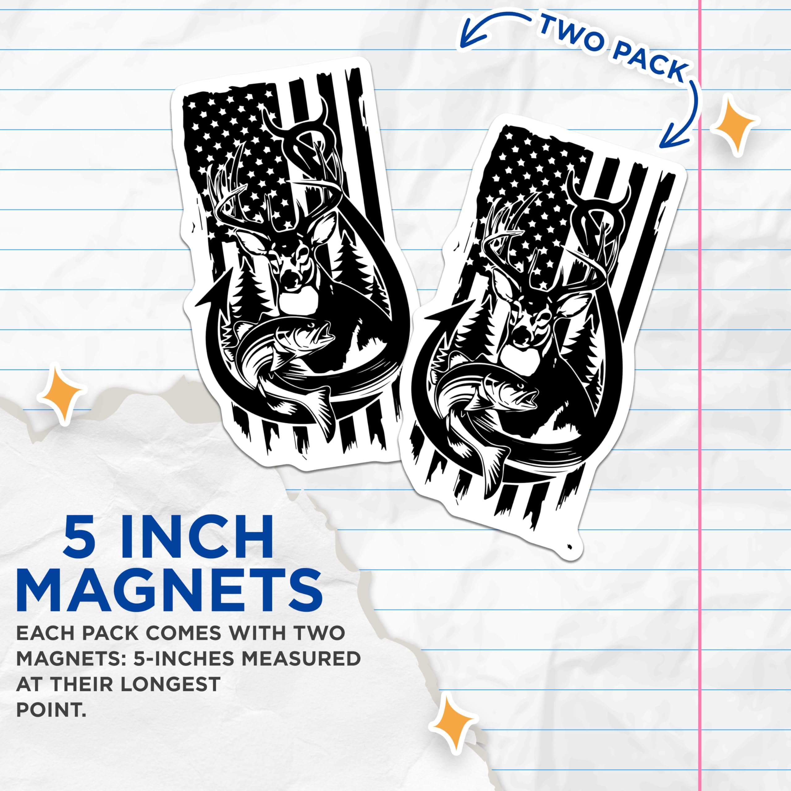 (2 Pack) American Flag Hunting Magnets - Distressed US Flag Deer Bass - Outdoorsman Fishing Angler Art - 5 Inches On Longest Side - Thick Durable Magnet - Made in USA - MAG19932