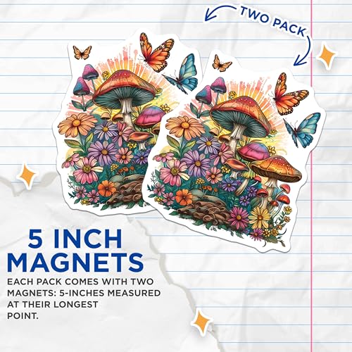 (2 Pack) Colorful Mushroom Garden Magnets Magnets - 5" On Longest Side - Made in USA - Sticks to Refrigerators & Metal Surfaces - MAG8872