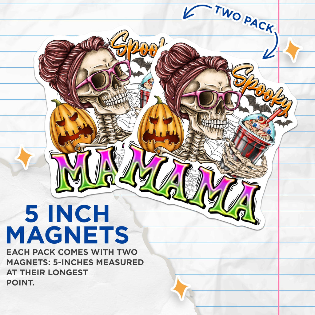(2 Pack) Spooky Mama Skeleton Magnets - Messy Bun Skull Display - Halloween Jack O Lantern Kitchen Decor - 5 Inches On Longest Side - Thick Durable Magnet - Made in USA - MAG23409
