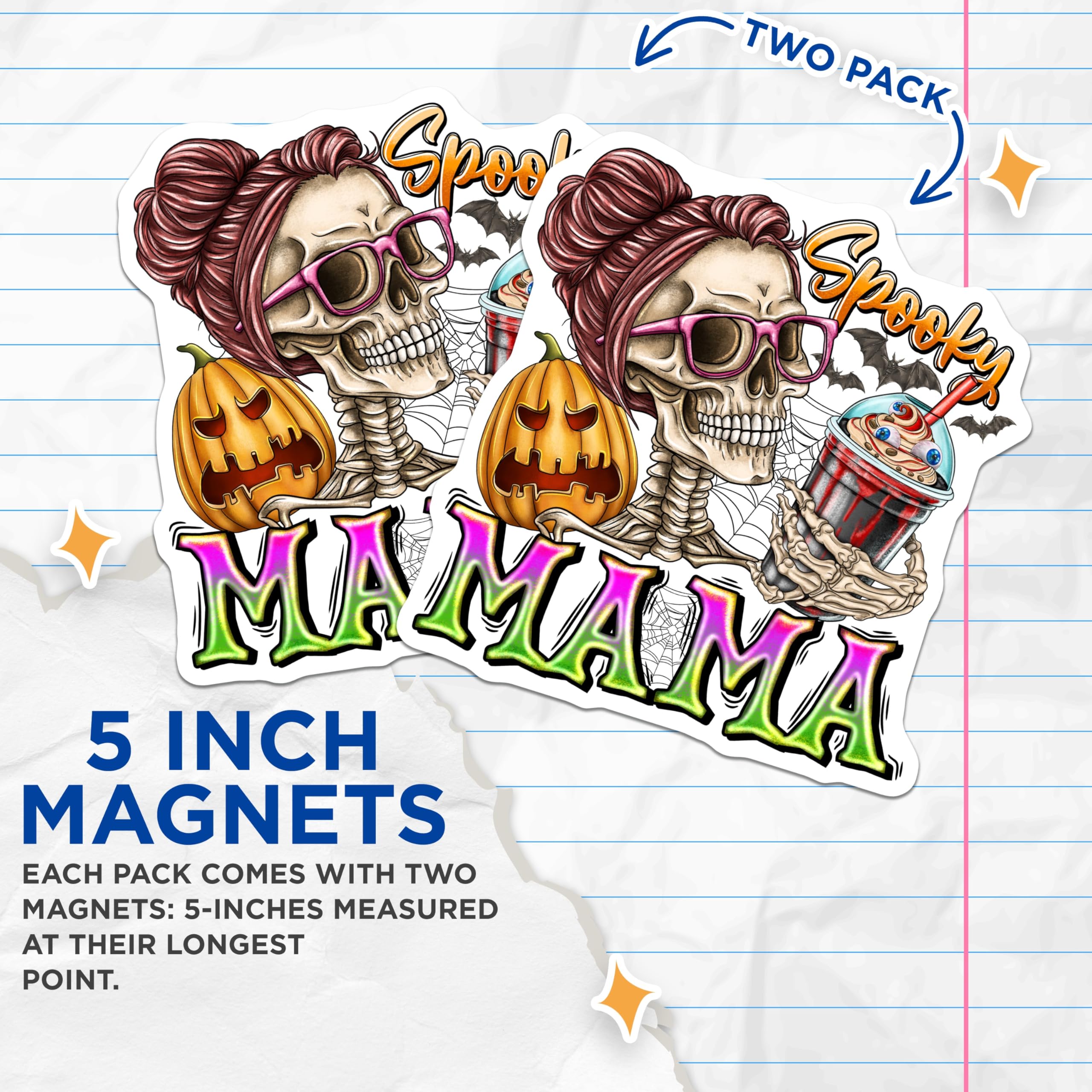 (2 Pack) Spooky Mama Skeleton Magnets - Messy Bun Skull Display - Halloween Jack O Lantern Kitchen Decor - 5 Inches On Longest Side - Thick Durable Magnet - Made in USA - MAG23409