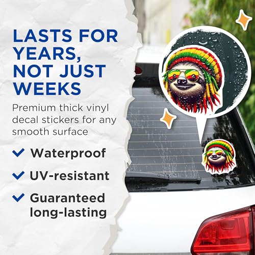 (2 Pack) Sloth Reggae Stickers - Rasta Sloth Vinyl Stickers - Cool Sloth with Sunglasses Stickers - 5" On Longest Side - Sticks to Smooth Flat Surfaces - Made in USA - BMCS4386