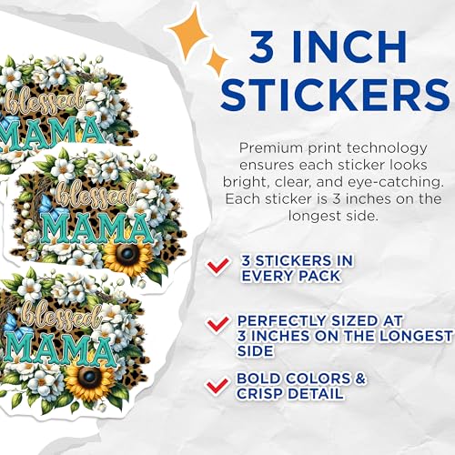 (3 Pack) Blessed Mama Decals - Sunflower Butterfly - Mom Decal - Laptop Decal - 3 Inches On Longest Side - Easy Peel & Apply - Made in USA - 3MCS6943