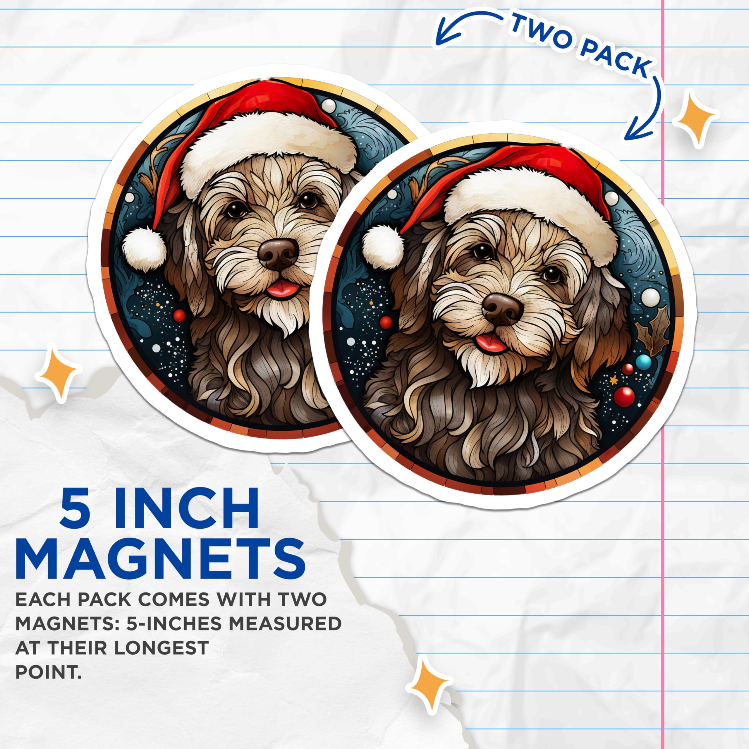 (2 Pack) Christmas Doodle Dog Magnets - Santa Hat Pet Lover Decor - Festive Fridge Holiday Item - 5 Inches On Longest Side - Thick Durable Magnet - Made in USA - MAG27497