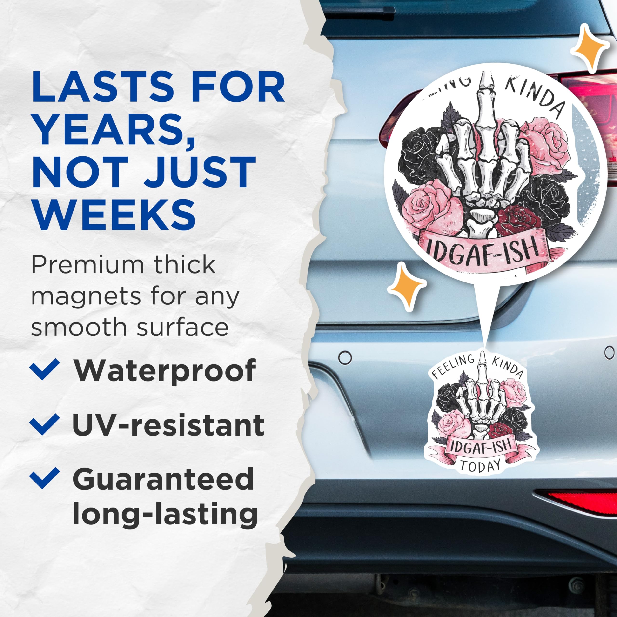 (2 Pack) Skeleton Hand Magnets - IDGAF-ISH Decor - Roses Funny Magnets - 5" On Longest Side - Premium Magnet - for Cars, Refrigerators, Toolboxes, Lockers - Made in USA - MAG18817