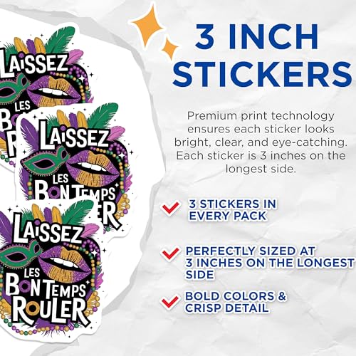 (3 Pack) Laissez Les Bons Temps Rouler Decals - Mardi Gras Mask - Party Decorations - 3 Inches On Longest Side - Easy Peel & Apply - Made in USA - 3MCS2587