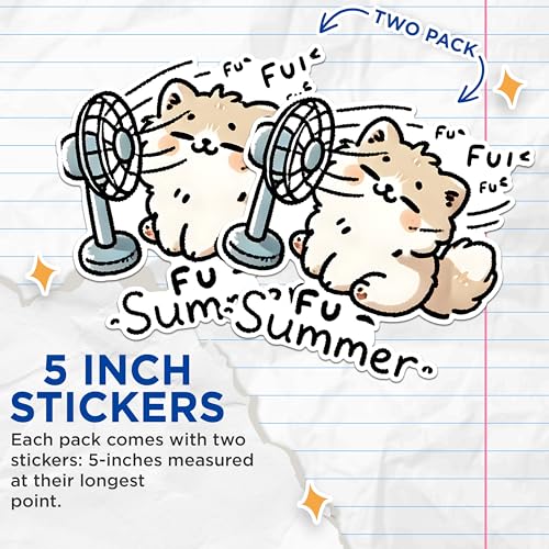 (2 Pack) Cute Summer Dog Stickers - Funny Fan Dog Stickers - Adorable Puppy Summer Stickers - 5" On Longest Side - Sticks to Any Smooth Flat Surface - Made in USA - BMCS2801