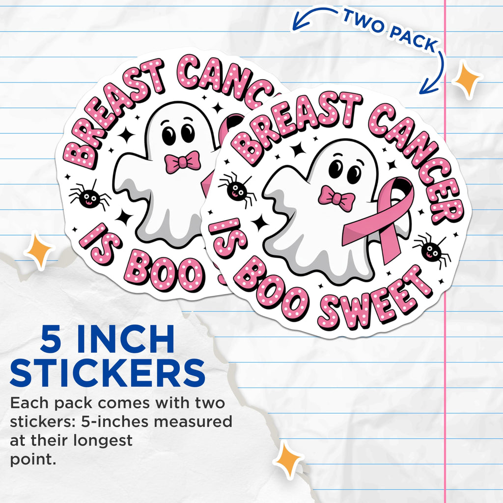 (2 Pack) Breast Cancer Awareness Stickers - Boo Sweet Ghost - Cute Ribbon Sticker - 5" On Longest Side - Sticks to Smooth Flat Surfaces - Made in USA - BMCS17088