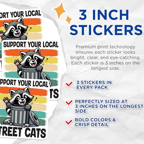 (3 Pack) Street Cats Decals - Raccoon in Trash - Support Local Cats - 3 Inches On Longest Side - Easy Peel & Apply - Made in USA - 3MCS4985