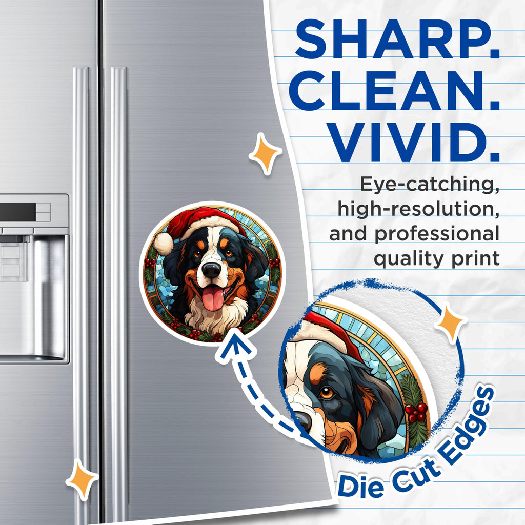 (2 Pack) Bernese Mountain Dog Christmas Magnets - Santa Dog Stained Glass Fridge Decor - Happy Winter Pet Lover - 5 Inches On Longest Side - Thick Durable Magnet - Made in USA - MAG28518
