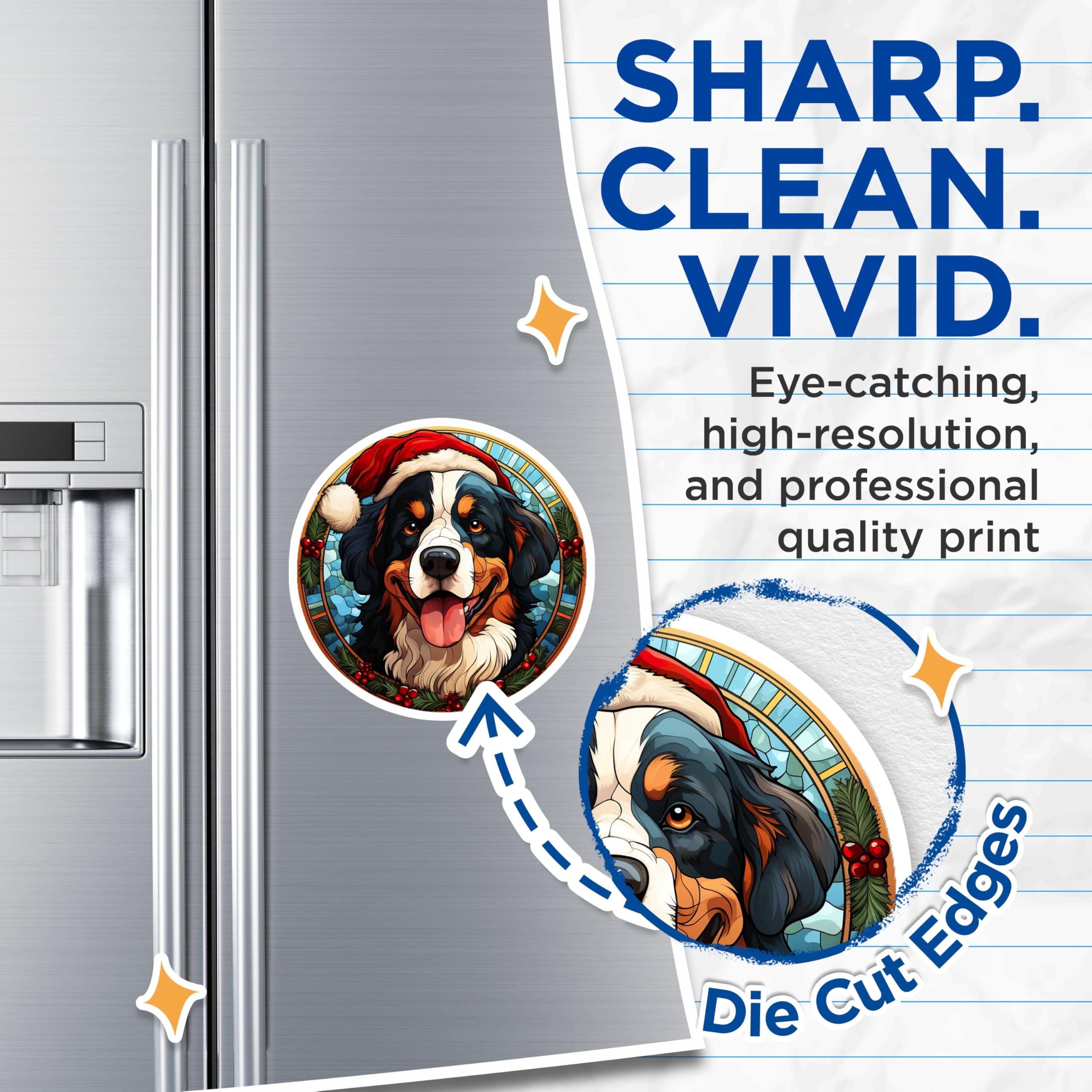 (2 Pack) Bernese Mountain Dog Christmas Magnets - Santa Dog Stained Glass Fridge Decor - Happy Winter Pet Lover - 5 Inches On Longest Side - Thick Durable Magnet - Made in USA - MAG28518