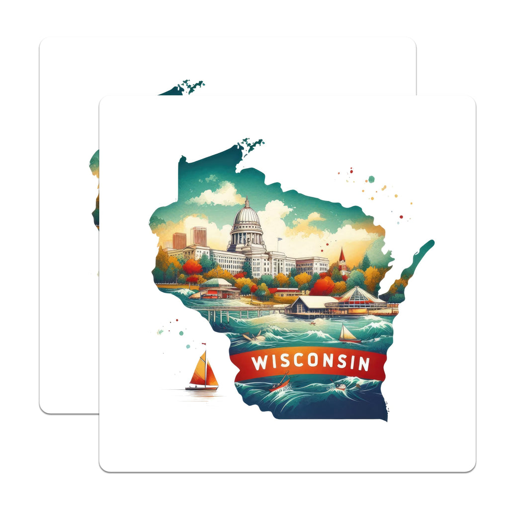 (2 Pack) Wisconsin State Map Stickers - City Landscape - Wisconsin Capitol Building Art - 5" On Longest Side - Sticks to Smooth Flat Surfaces - Made in USA - BMCS5564