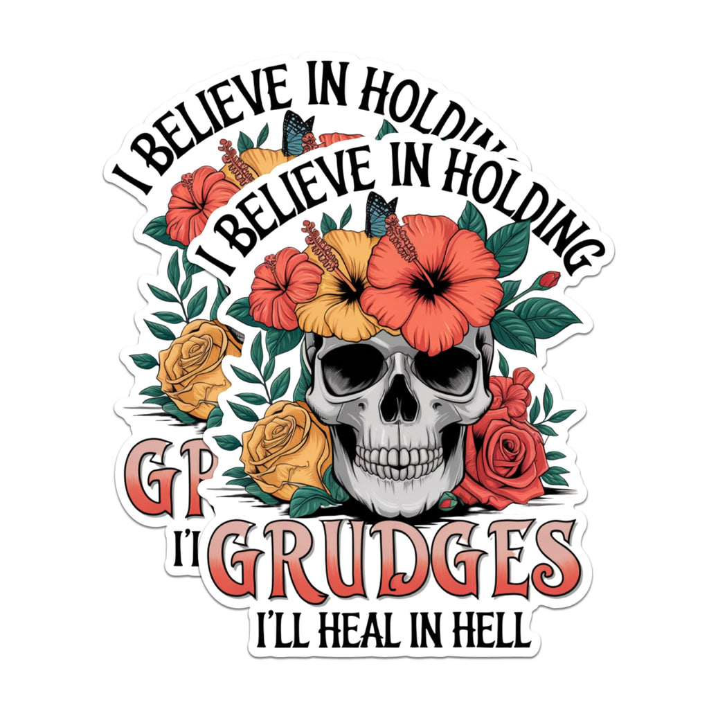 (2 Pack) Skull Flower Magnets - I Believe in Holding Grudges Magnets - I'll Heal in Hell Magnets- 5" On Longest Side - for Fridges, Toolboxes, Cars - Made in USA - MAG2886
