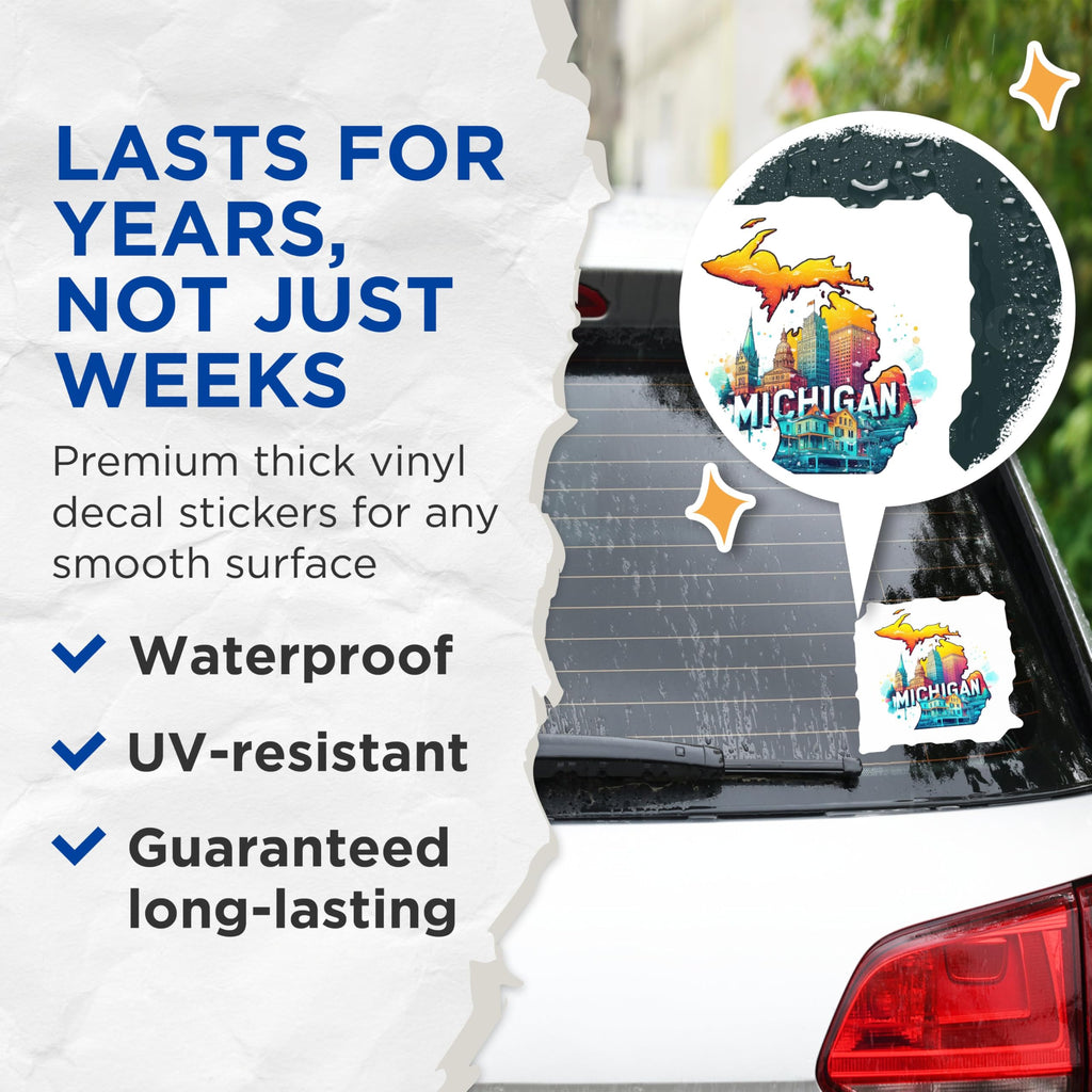 (2 Pack) Michigan Map Stickers - Colorful Cityscape Art Stickers - Great Lakes State Decal - 5" On Longest Side - Sticks to Smooth Flat Surfaces - Made in USA - BMCS5169