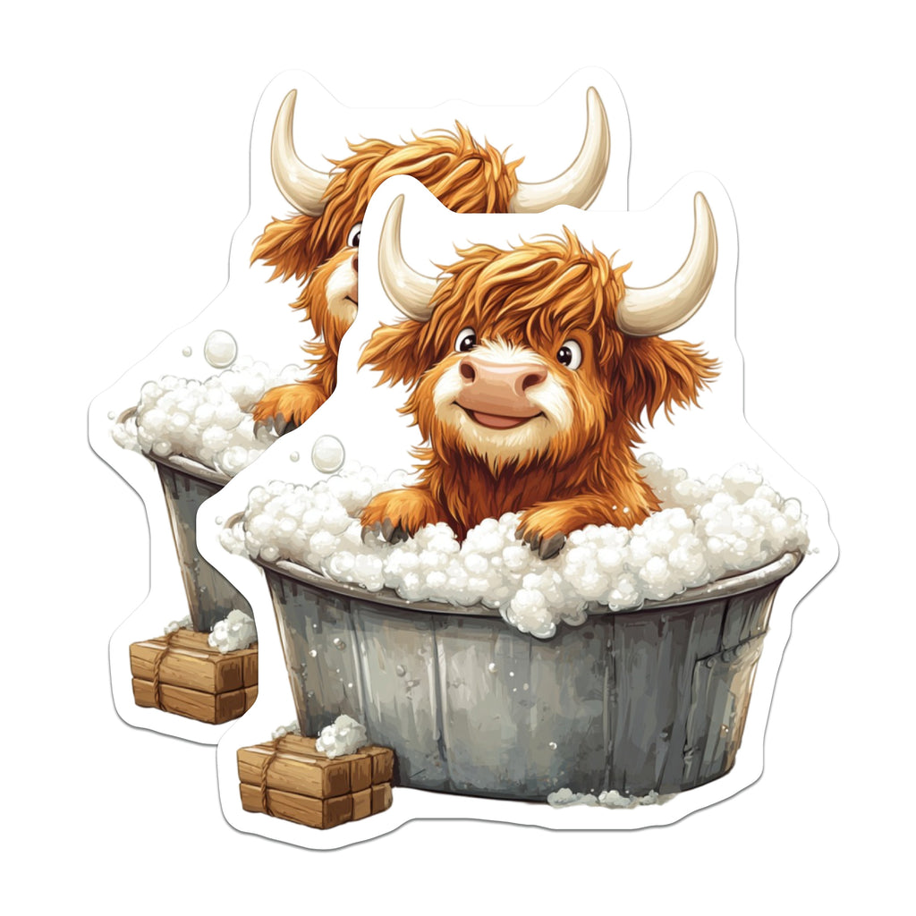(2 Pack) Highland Cow Bathtub Magnets - Cute Farm Animal Fridge Decor - Funny Highland Calf Locker Art - 5 Inches On Longest Side - Thick Durable Magnet - Made in USA - MAG39457