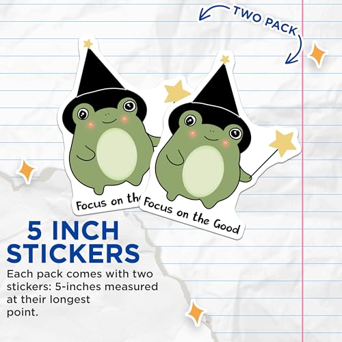 (2 Pack) Inspirational Frog Stickers - Cute Wizard Frog - Motivational Quote Stickers - 5" On Longest Side - Sticks to Smooth Flat Surfaces - Made in USA - BMCS6545