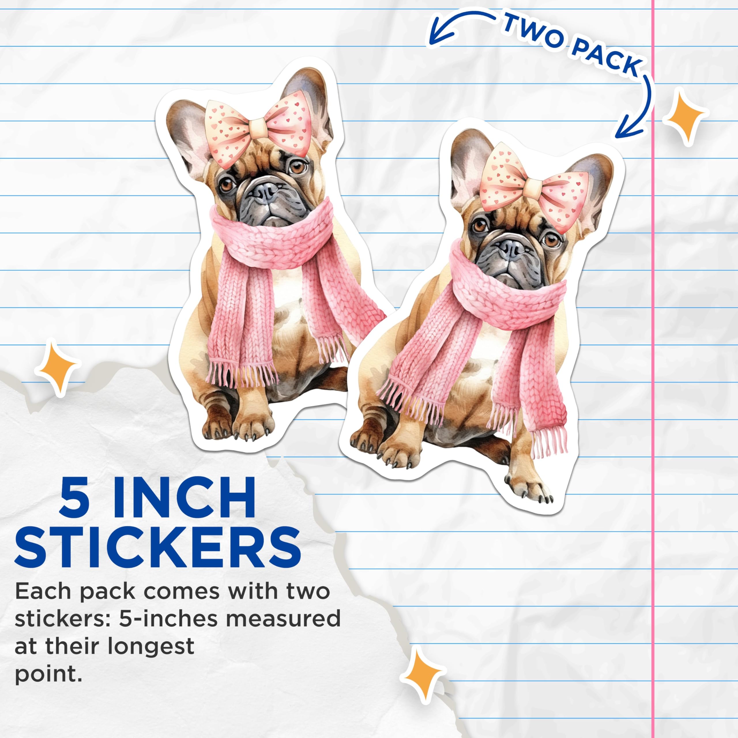 (2 Pack) French Bulldog Stickers - Cute Dog Stickers - Animal Lover Stickers - 5" On Longest Side - Sticks to Any Smooth Flat Surface - Made in USA - BMCS3470