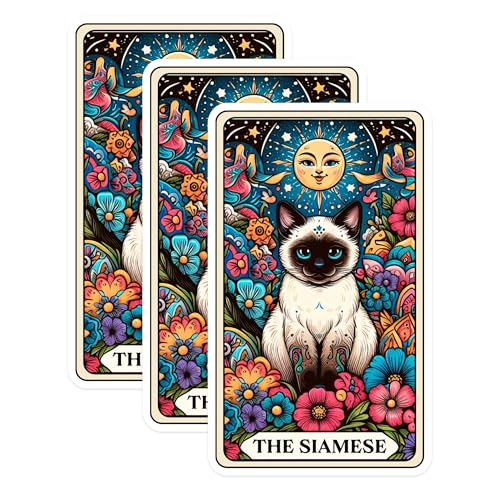 (3 Pack) Siamese Cat Decals - Floral Art Stickers - Laptop Decoration - 3 Inches On Longest Side - Easy Peel & Apply - Made in USA - 3MCS0120
