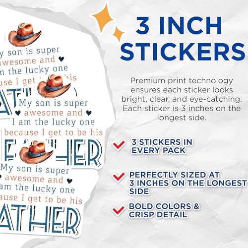 (3 Pack) Awesome Son Decals - Lucky Father - Cowboy Hat Decals - 3 Inches On Longest Side - Easy Peel & Apply - Made in USA - 3MCS2922
